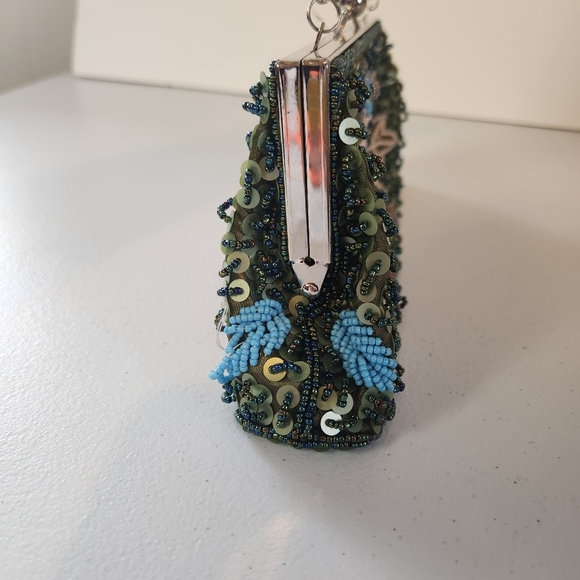 Y2K Beaded Clutch Purse Bag Green Satin Floral Whimsygoth Fairycore 90s Vintage - Picture 4 of 11